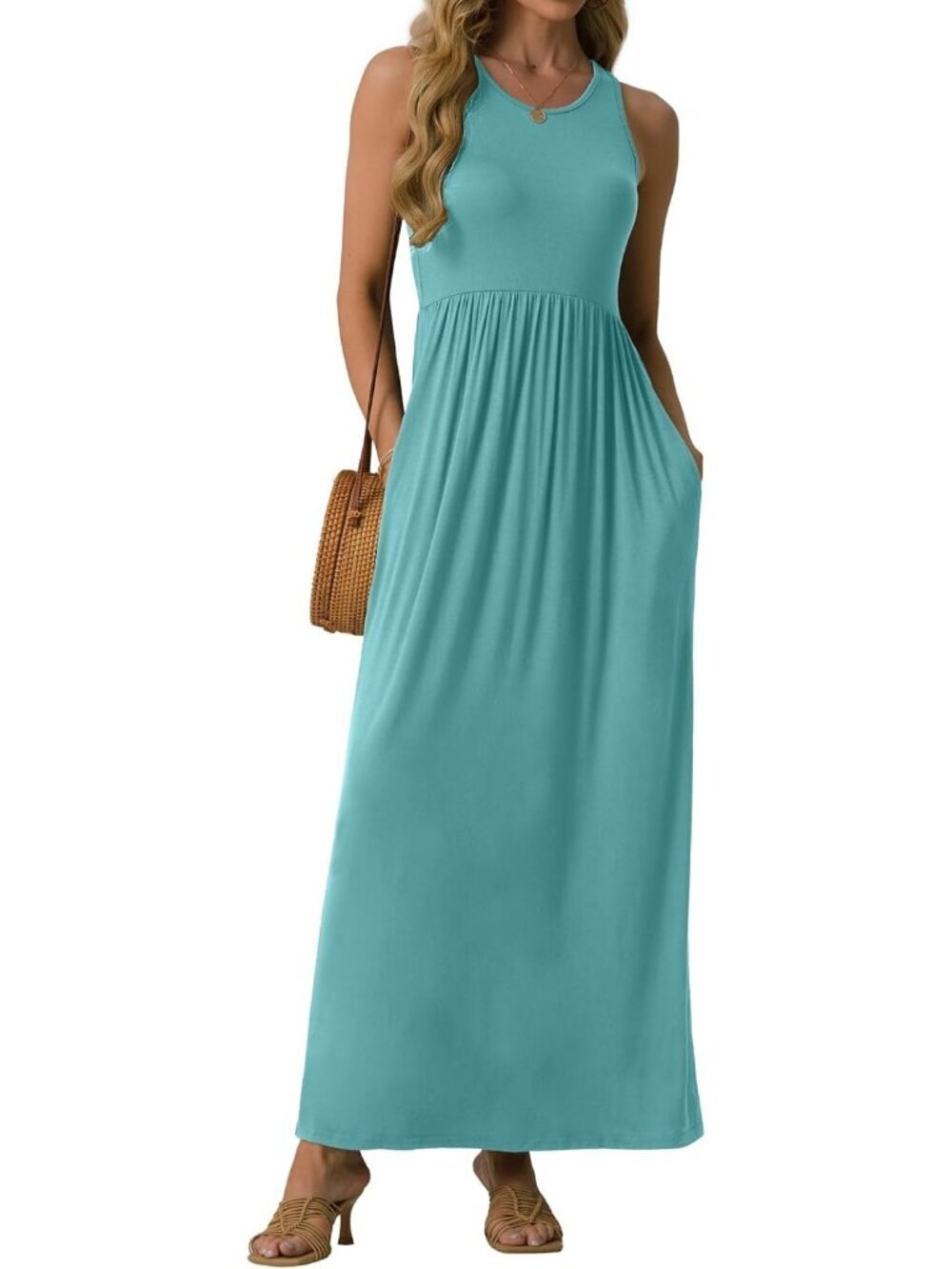 Women's Cyan Stylish Summer Sleeveless Casual Long Tank with Pockets Maxi Dress